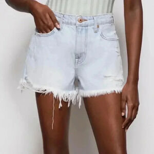 NWT Jonathan Simkhai Sz 29 Leo Blue Vintage High Rise Button Cut Off Denim Short